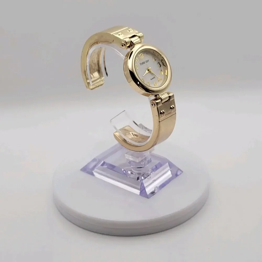 Embassy Womens Gold Tone Bangle Cuff Quartz Watch White Dial Gold Numerals